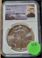 1989 SILVER EAGLE $1 COIN - GRADED MS69