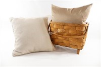 Wooden Basket w Bentwood Handle & Pillows