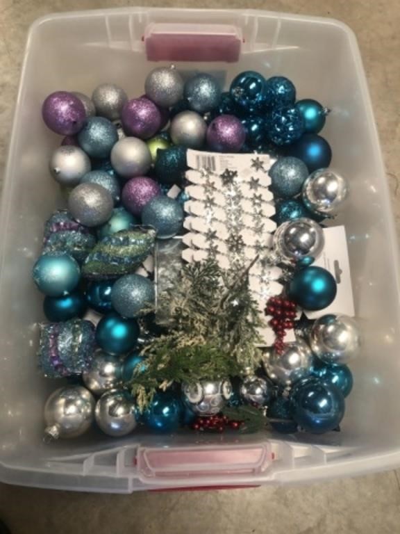 Box of Blue Christmas Ornaments & Tote/Lid