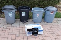 4 Plastic Trash Cans and Partial Box of Liners