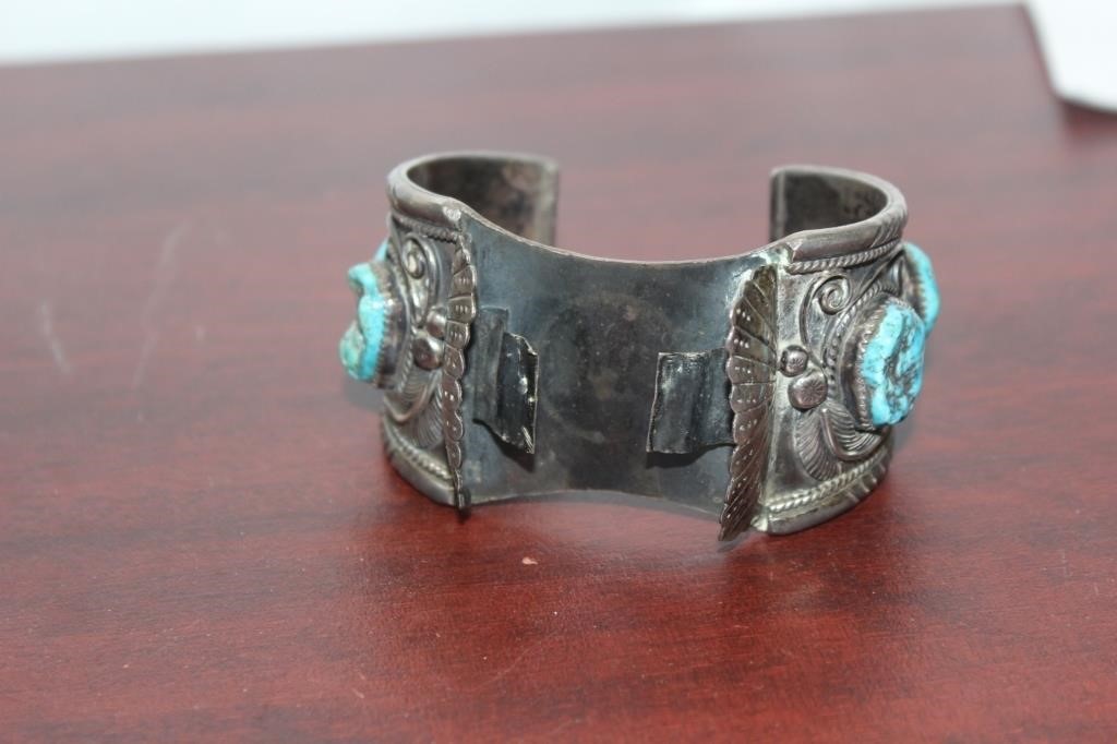 Signed Navajo Turquoise Sterling Watch Bracelet