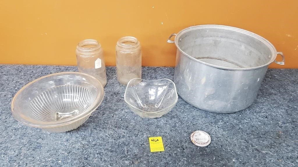 Old Canning Jars, Alum. Pot, Yankton Button