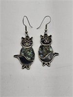 STERLING CAT EARRINGS - INLAID ABOLONE - 7.74 GRA