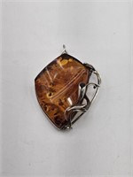 LARGE STERLING SILVER AMBER PENDANT/BROOCH