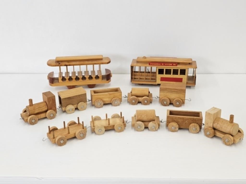 2 WOOD TRAIN SETS - 2 TROLLEY CARS