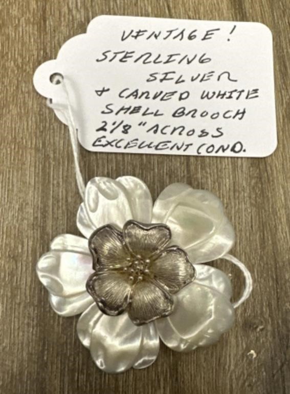 Vintage Sterling & White Carved Shell Brooch