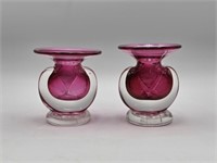 SIGNED CRANBERRY ART GLASS CANDLE HOLDERS