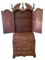 RED HAND PAINTED CHINOSERIE SECRETARY DESK WITH