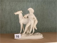 STATUE OF BOY WITH HAT AND DOG ON PEDESTAL 7" H