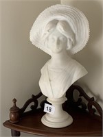 BUST OF WOMAN WITH HAT ON PEDESTAL 13" H