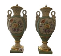 PAIR OF 14" H PAINTED AND GILDED VASES