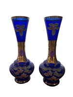 PAIR OF COBALT BLUE GLASS VASES HAND PAINTED