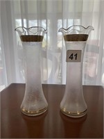 PAIR OF 7.5" H FROSTED GLASS VASES WITH GOLD TRIM