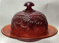 MOSSER AMBERINA CHERRY PATTERN BUTTER DISH,