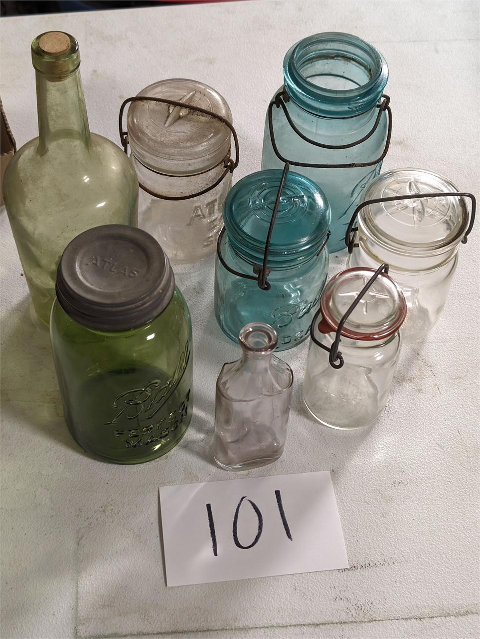 Antique Mason Jar with Lids and Bottles