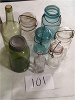 Antique Mason Jar with Lids and Bottles