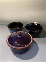 2 POTTERY BOWLS & BEAN POT CRACKED AS SHOWN