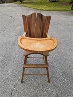 Vtg Solid Wood High Chair w/ Tray