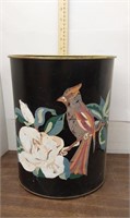 Vintage metal painted bird flower trashcan. 13in