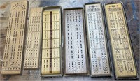 6 VINTAGE CRIBBAGE BOARDS WITH PIECES, LOWE, STAN