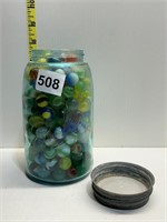 BALL CANNING JAR FILLED WITH VINTAGE MARBLES,