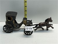 3 PC CAST IRON HORSE, WAGON, LADY SITTING INSIDE