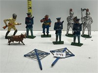 8 LEAD FIGURES, FARMER AND COW, KNIGHTS, SOLDIERS