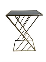 SMOKED GLASS BRASS TONE SIDE TABLE WITH GEOMETRIC