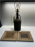 WICKER LAMP, 24", 2 - 10X9 COUNTRY SCENES ON