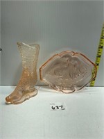PINK GLASS SHOE BOUQUET HOLDER AND PINK GLASS