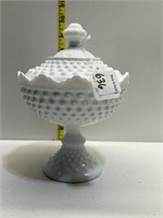 MILK GLASS COVERED HOBNAIL CANDY DISH