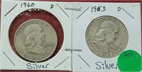 2XBID, 1960-D & 1963-D SILVER HALF DOLLARS