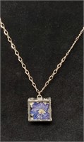 Purple Pressed flower sterling silver necklace.