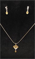 Vintage teardrop yellow stone necklace &earring