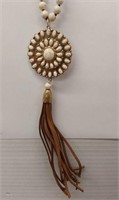 Vintage beaded  leather tassel necklace. 23in