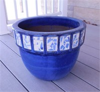 Blue glazed mosaic pottery planter, 12.5" tall