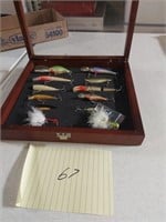 Wood box full of assorted lures