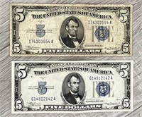 (2) 1934 A $5 Silver Certificates