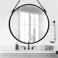 24 Round Hanging Mirror with Rope  Black