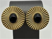 Vintage 1970's Gold Tone Black Acrylic Earrings