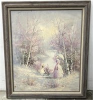 Mid-Century Woman & Child Oil Painting Signed