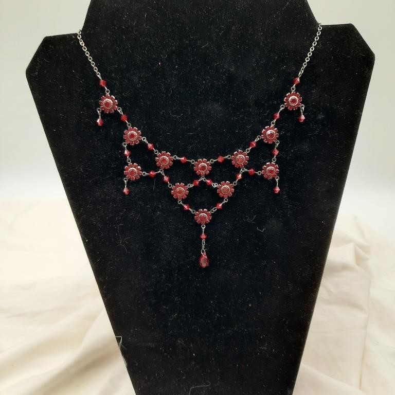 Antique Austrian Crystal Red Flowers Necklace