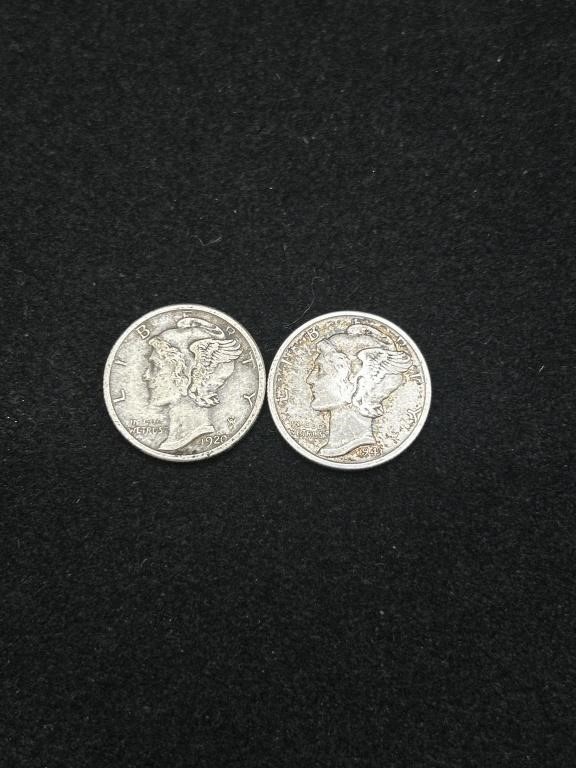 Two Vintage 10C Mercury Silver Dime Coins