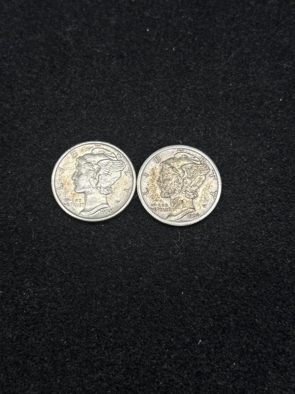 Two Vintage 10C Mercury Silver Dime Coins