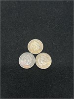 Three Antique 1C Indian Head Penny Coins