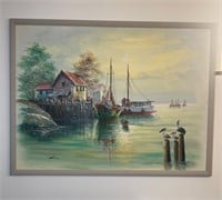 Original John Luini Oil Canvas Fishing Boats Sea