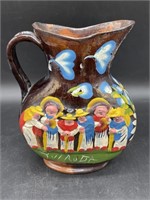 Vintage Handmade Painted Clay Pottery Pitcher
