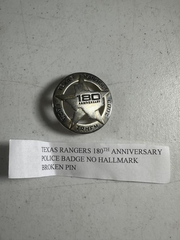 TEXAS RANGERS 180TH ANNIVERSARY POLICE BADGE PIN