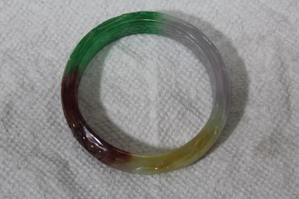A Multicolor Carved Jade Bangle Bracelet