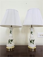 Pair of 26" white glas floral lamps working